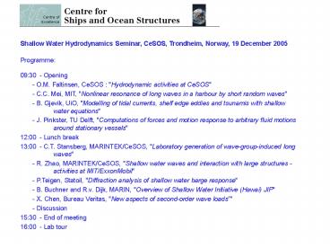 Shallow Water Hydrodynamics Seminar, CeSOS, Trondheim, Norway, 19 December 2005