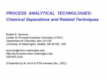 PROCESS ANALYTICAL TECHNOLOGIES:
