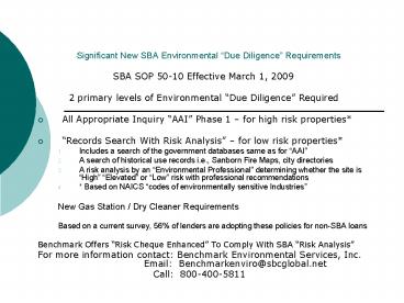 Significant New SBA Environmental Due Diligence Requirements