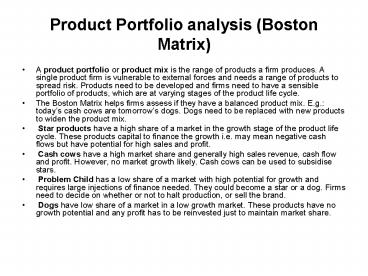 Product Portfolio analysis Boston Matrix