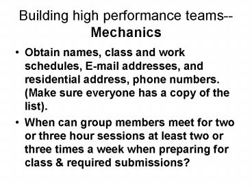 Building high performance teams Mechanics