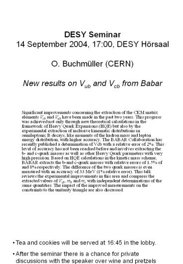 DESY Seminar 14 September 2004, 17:00, DESY H