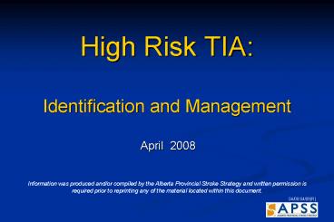 High Risk TIA: Identification and Management