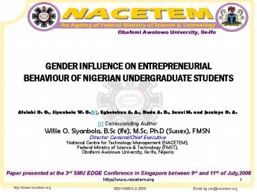GENDER INFLUENCE ON ENTREPRENEURIAL BEHAVIOUR OF NIGERIAN UNDERGRADUATE STUDENTS