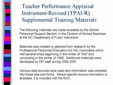Teacher Performance Appraisal InstrumentRevised TPAIR Supplemental Training Materials