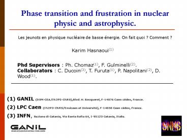 Phase transition and frustration in nuclear physic and astrophysic.