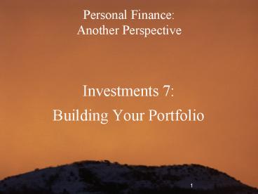 Personal Finance: Another Perspective