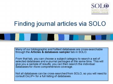 Finding journal articles via SOLO