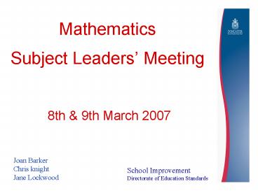 Mathematics Subject Leaders Meeting 8th
