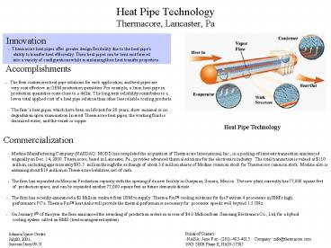 Heat Pipe Technology Thermacore, Lancaster, Pa