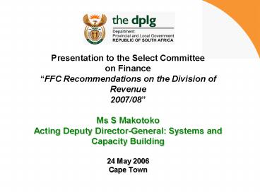 Presentation to the Select Committee on Finance 