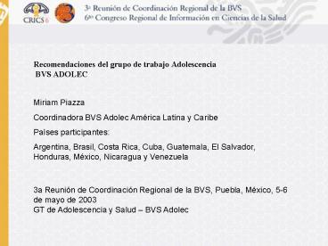 Recomendaciones del grupo de trabajo Adolescencia BVS ADOLEC