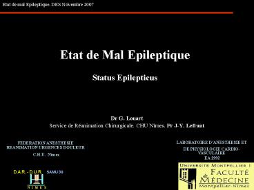 Etat de Mal Epileptique Status Epilepticus