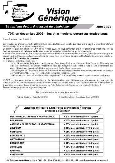 Le tableau de bord mensuel du gnrique