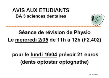 AVIS AUX ETUDIANTS BA 3 sciences dentaires