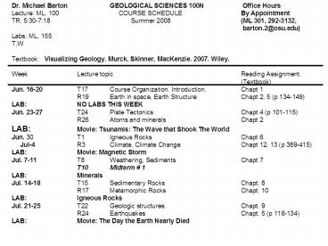 Dr. Michael BartonGEOLOGICAL SCIENCES 100N Office Hours