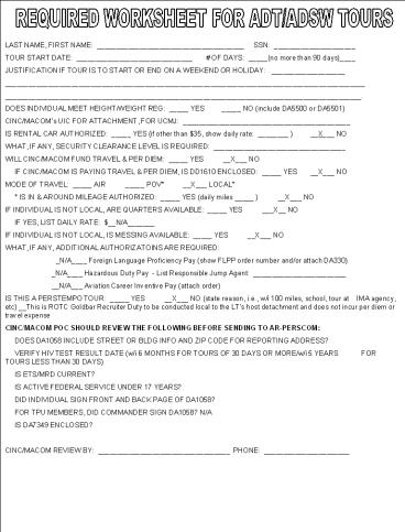 REQUIRED WORKSHEET FOR ADT/ADSW TOURS