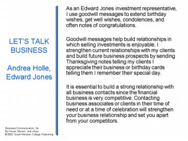 LETS TALK BUSINESS Andrea Holle, Edward Jones