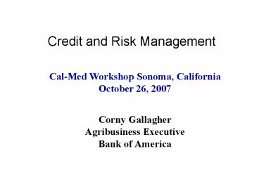 Credit and Risk Management