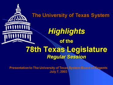 Highlights of the 78th Texas Legislature Regular Session