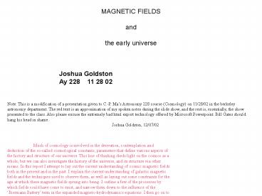 PowerPoint Presentation Cosmic Magnetic Fields: AY228 Presentation