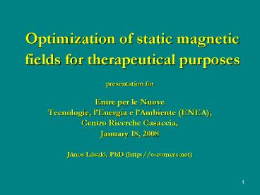 Optimization of static magnetic fields for therapeutical purposes