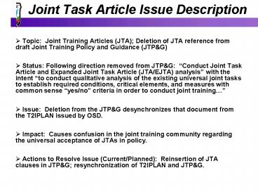 Joint Task Article Issue Description