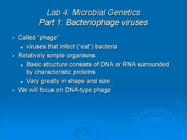 Lab 4: Microbial Genetics Part 1: Bacteriophage viruses