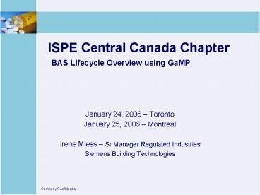 ISPE Central Canada Chapter BAS Lifecycle Overview using GaMP