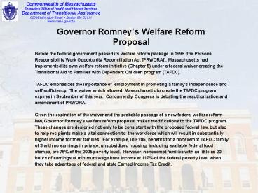 Governor Romneys Welfare Reform Proposal