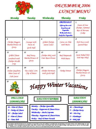 DECEMBER 2006 LUNCH MENU