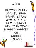 MENu MUTTON CURRY GRILLED FISH PEPPER STEAK WMIXED VEG GEM SQUASH MIX CORNPEAS DUMBLINGRICE PAP PUDD PowerPoint PPT Presentation