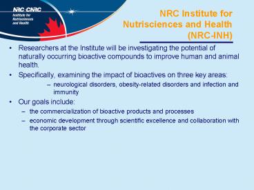 NRC Institute for Nutrisciences and Health NRCINH