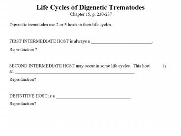 Life Cycles of Digenetic Trematodes Chapter 15, p' 230237