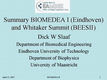 Summary BIOMEDEA I Eindhoven and Whitaker Summit BEESII