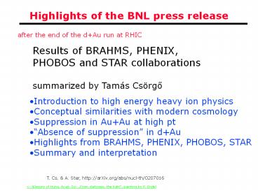 Highlights of the BNL press release