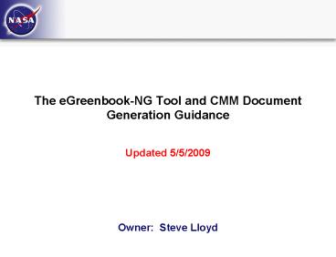 The eGreenbookNG Tool and CMM Document Generation Guidance