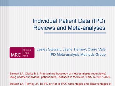 Individual Patient Data IPD Reviews and Metaanalyses
