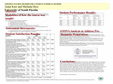 ASSESSING TEACHING METHODS FOR A COURSE IN NUMERICAL METHODS