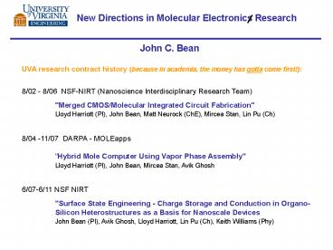 New Directions in Molecular Electronics Research