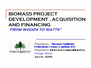 BIOMASS PROJECT DEVELOPMENT , ACQUISITION AND FINANCING 