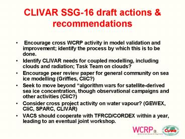 CLIVAR SSG16 draft actions