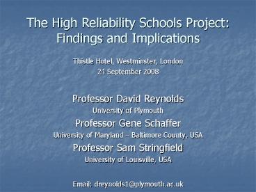 The High Reliability Schools Project: Findings and Implications ...