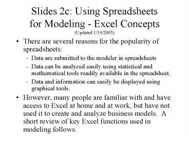 PPT – Slides 2c: Using Spreadsheets for Modeling Excel Concepts Updated ...