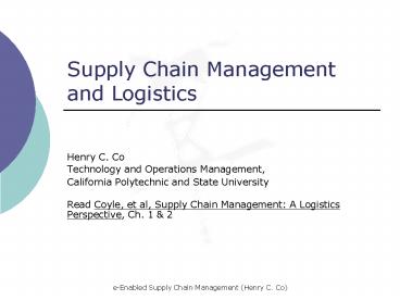 Supply Chain Management and Logistics