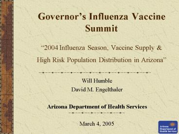Governors Influenza Vaccine Summit 2004 Influenza Season, Vaccine Supply