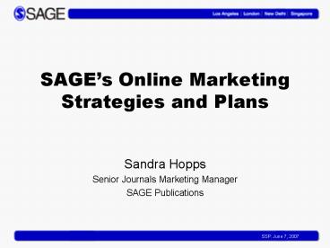 SAGEs Online Marketing Strategies and Plans