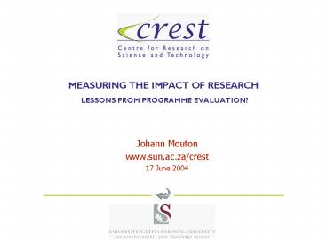 MEASURING THE IMPACT OF RESEARCH LESSONS FROM PROGRAMME EVALUATION