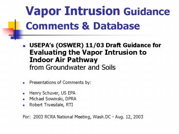 Vapor Intrusion Guidance Comments