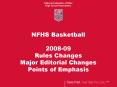 NFHS Basketball  2008-09 Rules Changes Major Editorial Changes Points of Emphasis PowerPoint PPT Presentation
